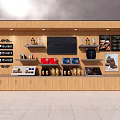Convenience Store Counter With Wooden Shelves Digital Screen And Product Displays