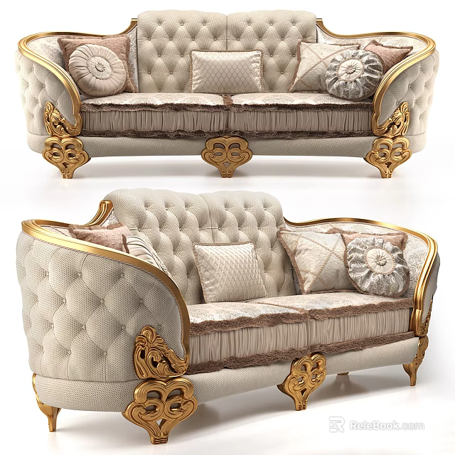 Luxury Classic Two Seater Sofa With Cream Tufted Upholstery Gold Accents And Decorative Pillows 3d model 