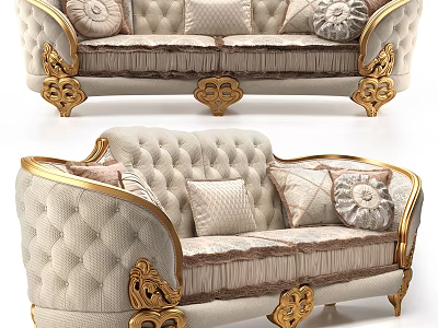 Luxury Classic Two Seater Sofa With Cream Tufted Upholstery Gold Accents And Decorative Pillows 3d model