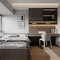Modern Tatami Bedroom Interior Design With Tatami Bed Wooden Desk Laptop And Decorative Paintings