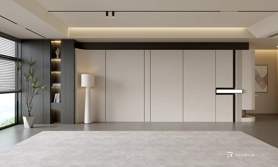 Modern Living Room Interior Design With Minimalist Gray Walls Floor Lamp And Light Gray Carpet 3d model 