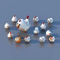 Group of White Chicks Surrounding a Larger Chicken and One Yellow Chick