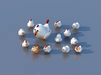 Group of White Chicks Surrounding a Larger Chicken and One Yellow Chick 3d model