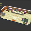 Cartoon Style Interior Scene With Counter Seats Wall Art And Patterned Floor
