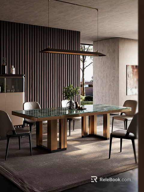 Modern Restaurant Interior With Green Counter Dining Table Golden Legs Grey Chairs And Wooden Stripe Wall 3d model