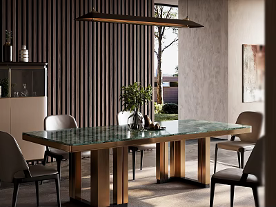 Modern Restaurant Interior With Green Counter Dining Table Golden Legs Grey Chairs And Wooden Stripe Wall 3d model