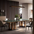 Modern Restaurant Interior With Green Counter Dining Table Golden Legs Grey Chairs And Wooden Stripe Wall 3d model
