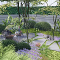 Courtyard Garden Design With Outdoor Seating Stone Pathway Purple Flowers And Green Shrubs