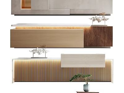 Elegant Modern Reception Desk Interior With Wooden Panel LED Lighting And Decorative Plant 3d model