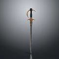 Ornate Medieval Sword With Curved Guard And Metallic Blade On Dark Background