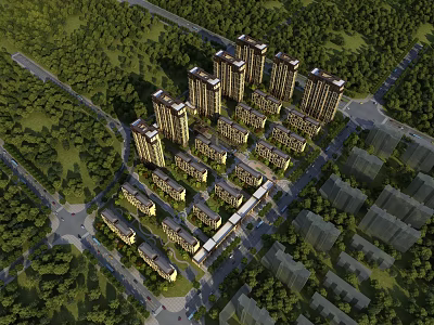 Aerial Planning of Modern Residential Area with High Rise Buildings and Greenery 3d model