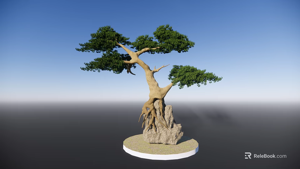 Bonsai Arbor With Exposed Roots And Lush Green Foliage On Stone Base 3d model 