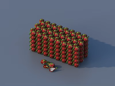 Red Strawberries Constructed Into Cube Structure With Scattered Berries Around 3d model