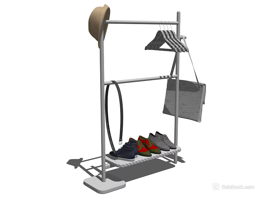 Practical Clothes Rack With Hat Striped Shirt Hanging Bag And Shoes On Bottom Shelf 3d model 