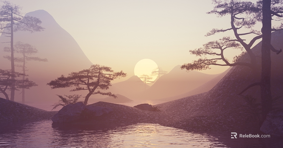 Scenic Landscape with sunset over misty mountains and pine trees by calm water surface 3d model 