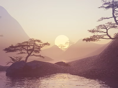 Scenic Landscape with sunset over misty mountains and pine trees by calm water surface 3d model