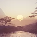 Scenic Landscape with sunset over misty mountains and pine trees by calm water surface