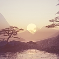 Mountain Landscape Sunset Sunrise Pine Tree Scenery 3d model