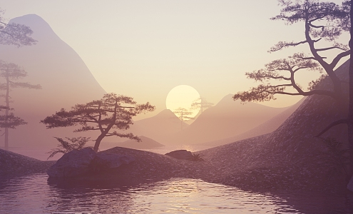 Mountain Landscape Sunset Sunrise Pine Tree Scenery 3d model