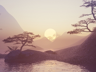 Mountain Landscape Sunset Sunrise Pine Tree Scenery 3d model