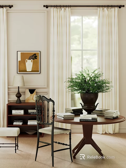 Round Table And Antique Chair Set With Potted Plant Books Table Lamp And Bookshelf 3d model 
