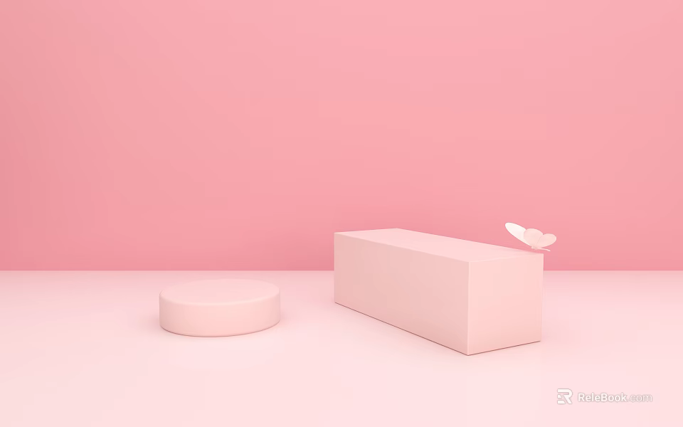 Pink Display Shelves With Round Base And Rectangular Shape On Pink Background With White Butterfly 3d model