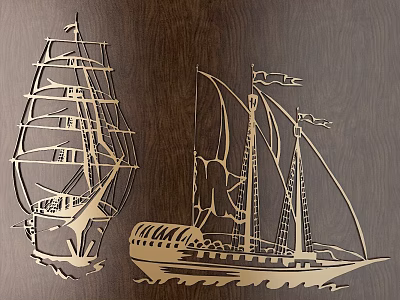 Carved Sailing Ship Artworks On Dark Wooden Surface With Intricate Details 3d model