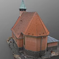 Rural Church Building With Orange Walls Red Tiled Roof Green Steeple And Arched Windows