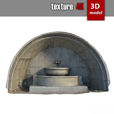 Outdoor Ground Featuring Ancient Stone Arch Structure And Two Tiered Stone Fountain 3d model