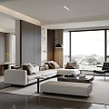 Modern Living Room Interior Design With White Sofa Ottoman And Large Scenic Window View