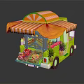 Mobile Fruit Cart With Orange And White Striped Awning Displaying Fresh Strawberries Pineapples And Fruits