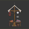 Wooden Market Stall With White Awning Colorful Fabrics Orange Fruits And Wooden Bucket