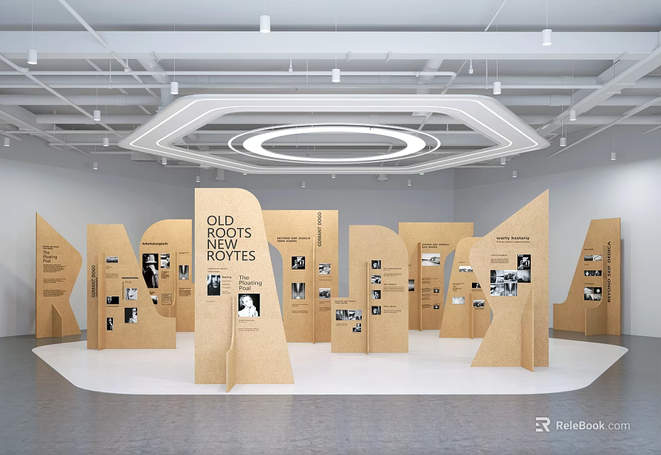 Old Roots New Routes Themed Exhibition Hall Featuring Wooden Panels And Photo Displays 3d model 
