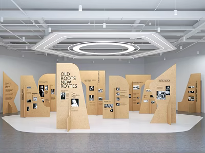 Old Roots New Routes Themed Exhibition Hall Featuring Wooden Panels And Photo Displays 3d model