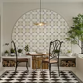 Dining Table And Chairs Set With Arched Patterned Tile Wall Black White Checkered Floor 3d model