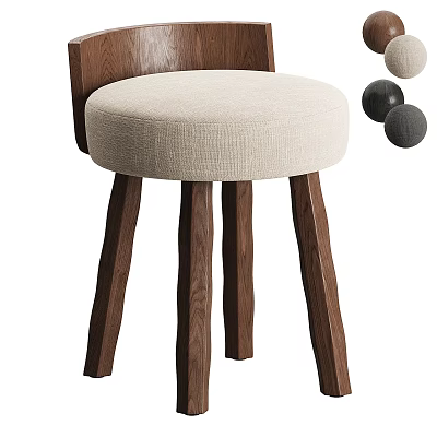 Modern Round Stool With Beige Upholstered Seat And Dark Brown Wooden Legs 3d model