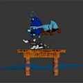 Floating Blue Cartoon Characters and Gray White Cat Standing on Wooden Platform with Bubbles