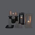 Decorative Ornament Set Featuring White Black Lit Candles Candle Holders and Lanterns