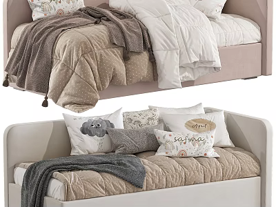 Kids Bed With Soft Upholstered Headboard Cute Pillows Elephant Pattern Dream Cozy Blankets Tassel Details 3d model