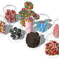 Pink Cup With Lollipops And Transparent Glass Jars Filled With Various Candies