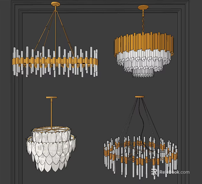 Stylish Crystal Chandeliers With Different Modern Design Elements And Gold Frames 3d model