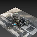 Wrecked Motorcycle With Scorched Parts And Broken Wheel On Zebra Crossing
