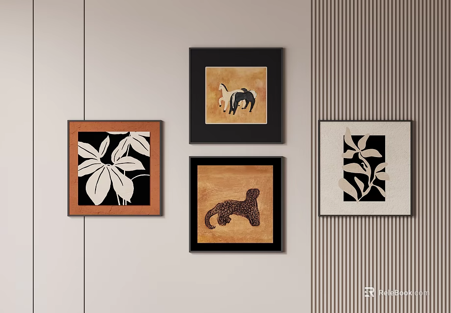 Abstract Paintings Wall Art With Leaf Patterns Leopard Figure And Frames On Striped Wall 3d model