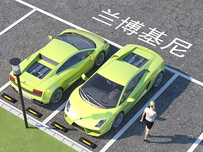 Yellow Lamborghini Sports Cars Parked in Parking Lot with Woman Walking 3d model