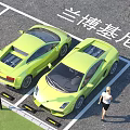 Yellow Lamborghini Sports Cars Parked in Parking Lot with Woman Walking