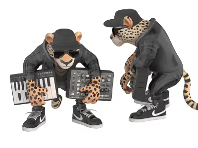 Leopard Dolls In Black Outfits With Hats Sunglasses Music Equipment And Sneakers 3d model