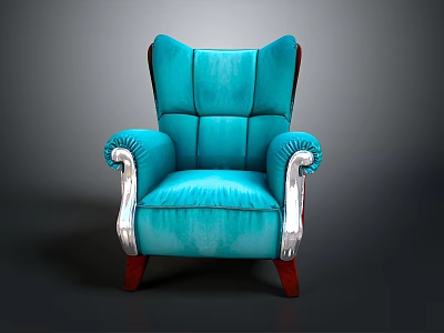 Turquoise Leather Armchair with Silver Armrests and Brown Wooden Legs Classic Design 3d model