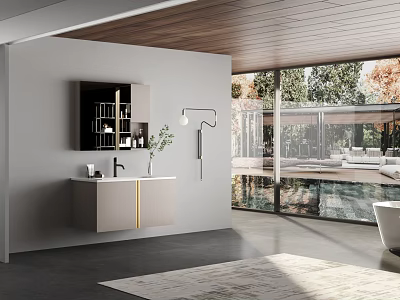 Modern Bathroom Interior With Wall Mounted Vanity Mirror Faucet And Natural Light 3d model