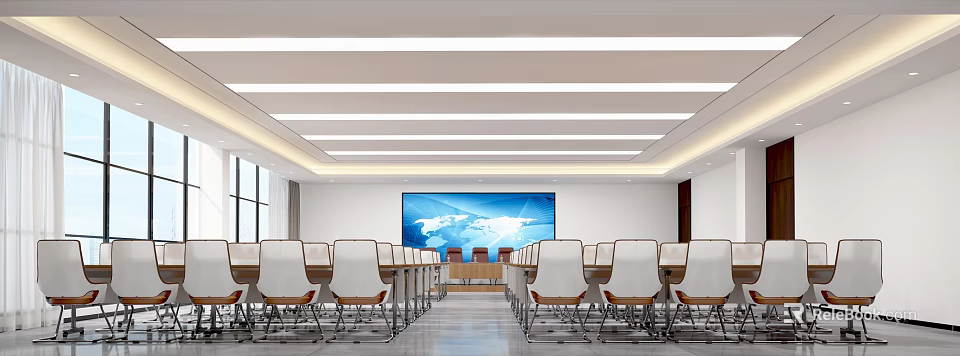Modern Spacious Conference Room Interior With Large Screen Display And Arranged Tables Chairs 3d model 