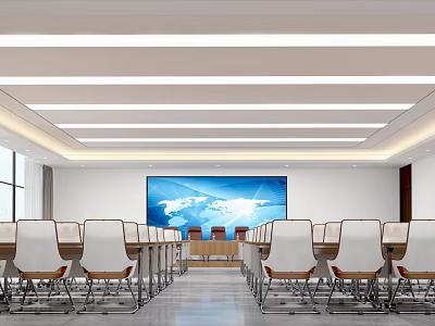 Modern Spacious Conference Room Interior With Large Screen Display And Arranged Tables Chairs 3d model